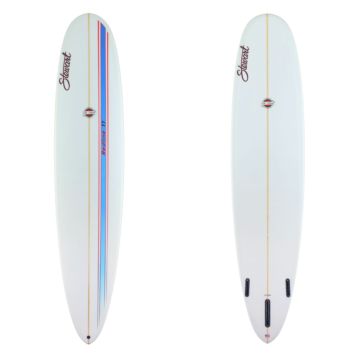 Deck and bottom view of a Stewart Redline 11 with a blue competition stripe outlined by red on the deck and a clear / white bottom