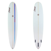 Deck and bottom view of a Stewart Redline 11 with a blue competition stripe outlined by red on the deck and a clear / white bottom