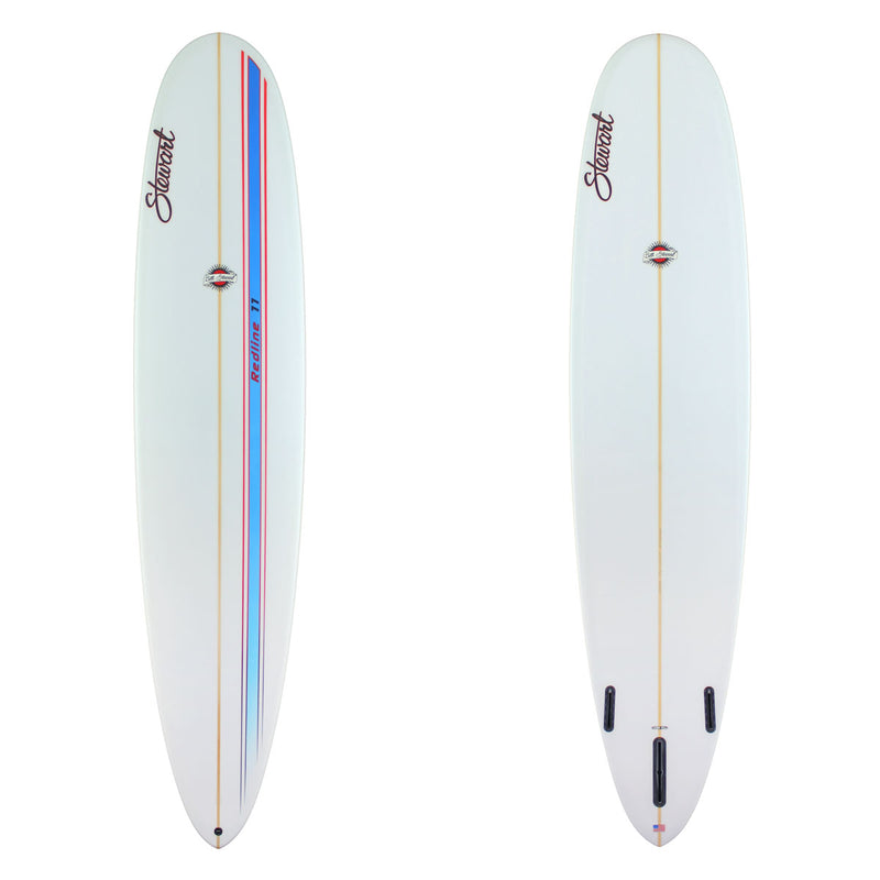 Deck and bottom view of a Stewart Redline 11 with a blue competition stripe outlined by red on the deck and a clear / white bottom