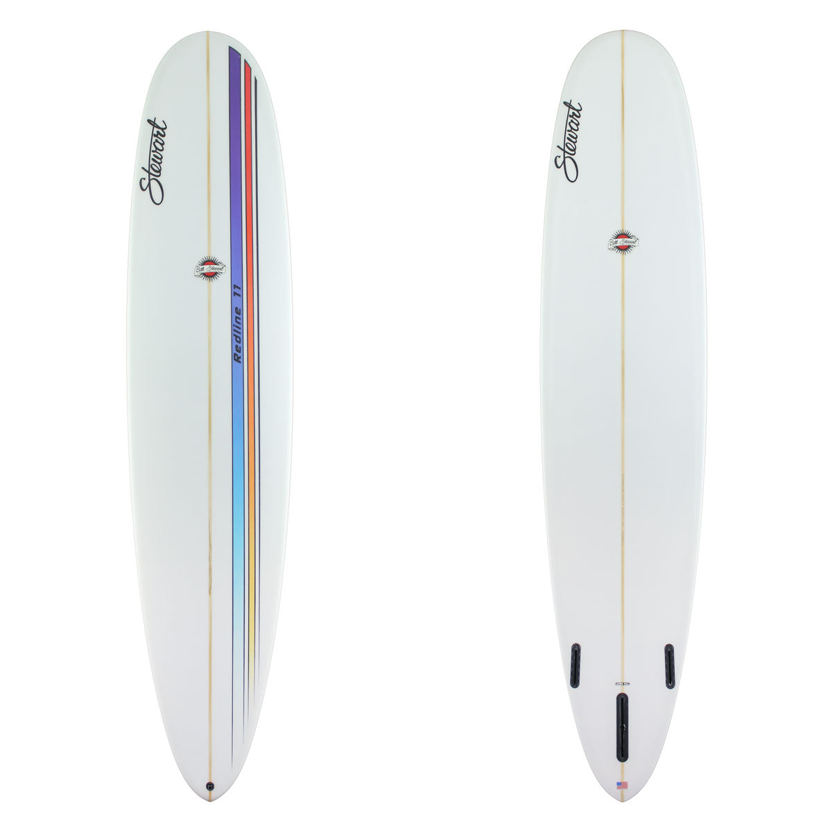Stewart Longboard 9'0" Redline 11 (9'0", 23 3/4", 3 1/4") B#129949 with a purple orange blue and yellow racing stripe on the deck