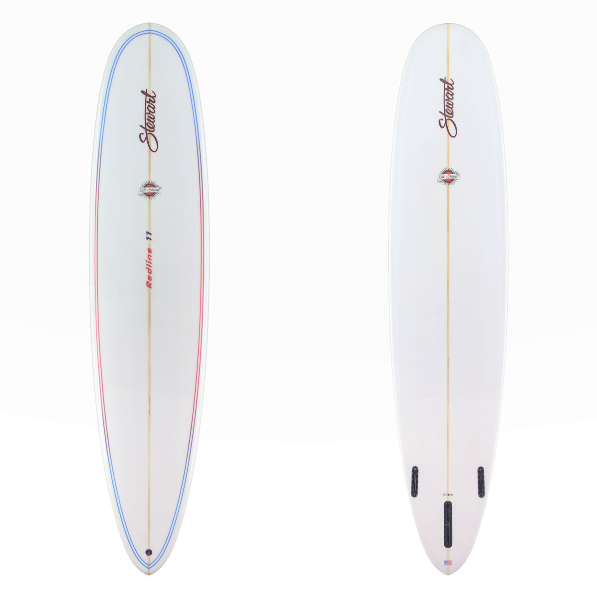 Stewart Redline 11 with blue to red fade pinlines on the deck and a white bottom. there is black and red branding on both sides.
