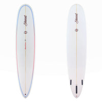 Stewart Redline 11 with blue to red fade pinlines on the deck and a white bottom. there is black and red branding on both sides.