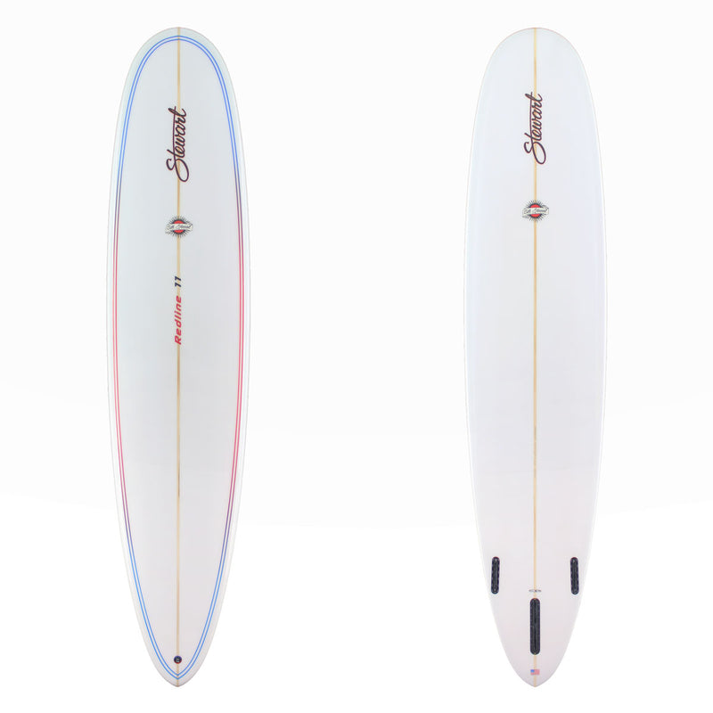 Stewart Redline 11 with blue to red fade pinlines on the deck and a white bottom. there is black and red branding on both sides.