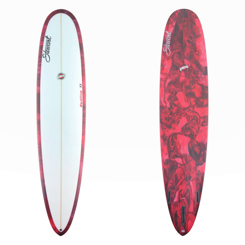 Stewart Redline 11 with awhite deck and red and black resin swirl abstract bottom .
 There is black and red branding on both sides.