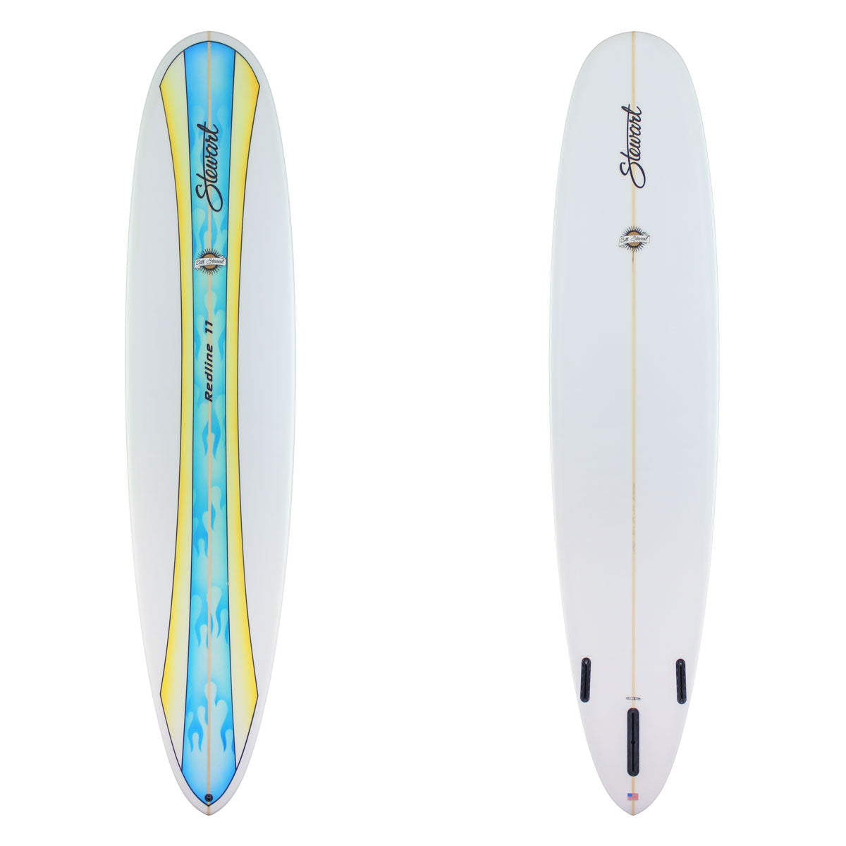 Deck and bottom of a stewart Redline 11 with blue flames and a yellow band going down the stringer on the deck. The board has a clear / white bottom. 