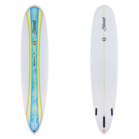 Deck and bottom of a stewart Redline 11 with blue flames and a yellow band going down the stringer on the deck. The board has a clear / white bottom. 