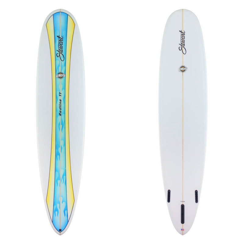 Deck and bottom of a stewart Redline 11 with blue flames and a yellow band going down the stringer on the deck. The board has a clear / white bottom. 