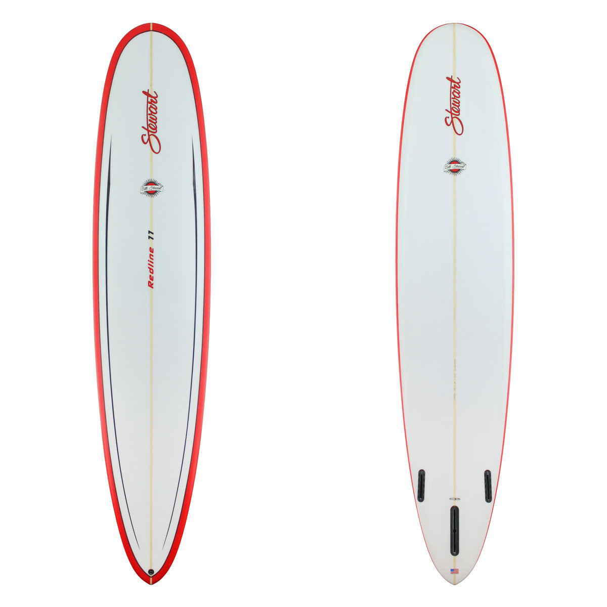 Stewart Longboard 9'0" Redline 11 (9'0", 23", 3 1/8") B#129955 with red rails and a black pinline design on the deck