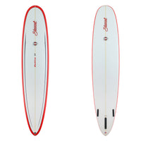 Stewart Longboard 9'0" Redline 11 (9'0", 23", 3 1/8") B#129955 with red rails and a black pinline design on the deck