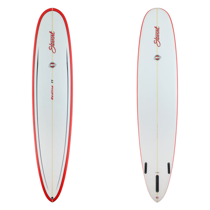Stewart Longboard 9'0" Redline 11 (9'0", 23", 3 1/8") B#129955 with red rails and a black pinline design on the deck