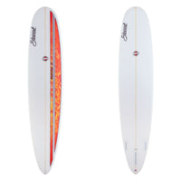 Two images of a Stewart Redline 11 wit black branding Two yellow and red panels on the deck