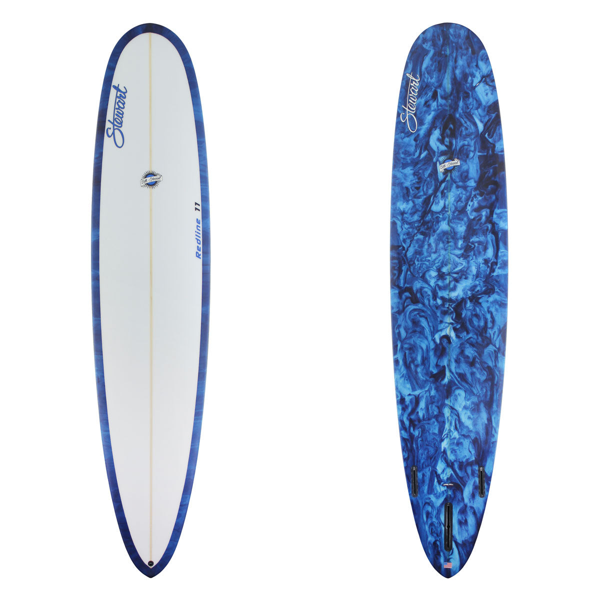 Stewart Longboard 9'0" Redline 11 (9'0", 23 1/2", 3") B#129986 Clear Top Deck with Blue and Black Logos, Navy Blue resin swirl bottom deck to rail wrap. Sand Only.