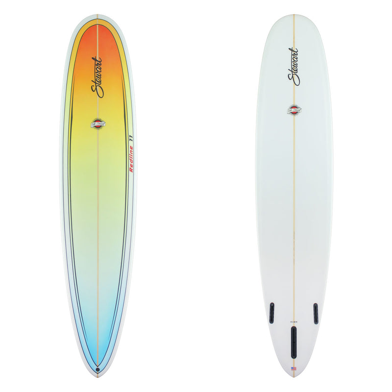 Stewart Longboard 9'0" Redline 11 (9'0", 23 1/2", 3 1/2") B#129989 with a rainbow fade panel on the deck and black pin lines 