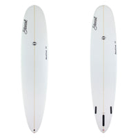 Two  images of a white surfboard with black Stewart branding