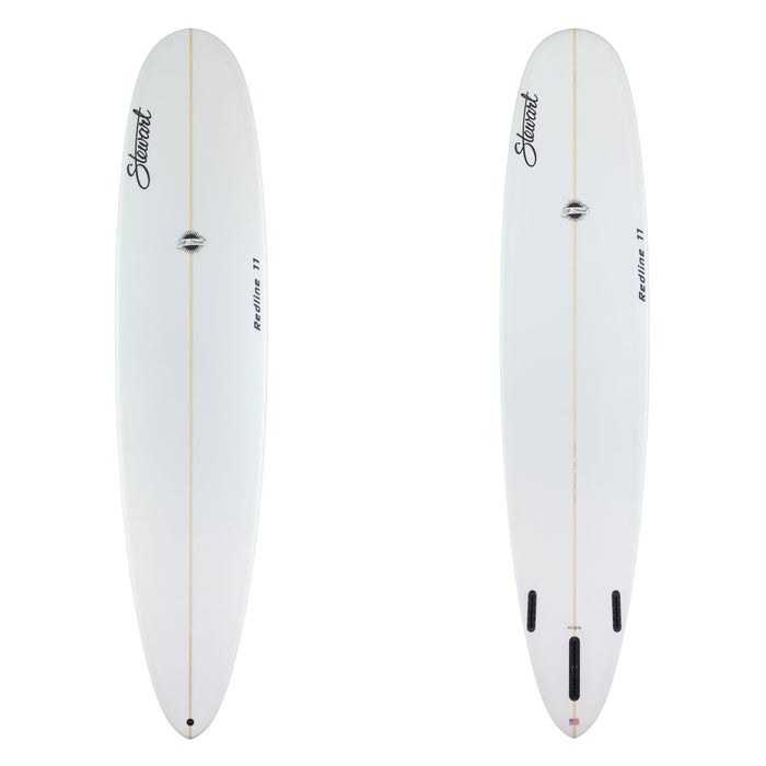 Two  images of a white surfboard with black Stewart branding