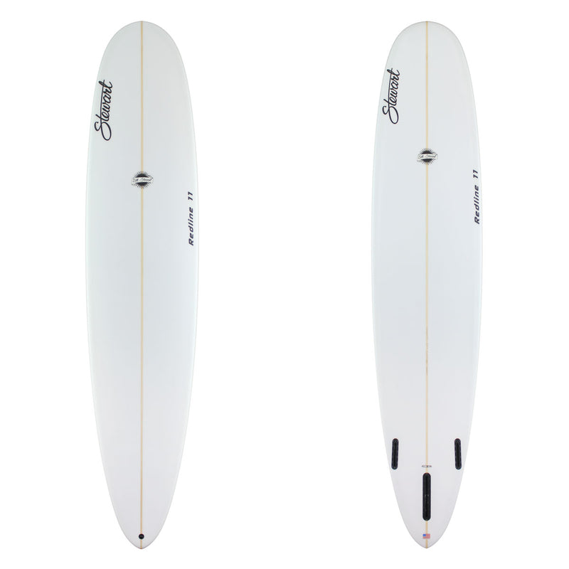 Two  images of a white surfboard with black Stewart branding