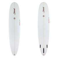 Two images of a white surfboard with red stewart surfboardsd branding
