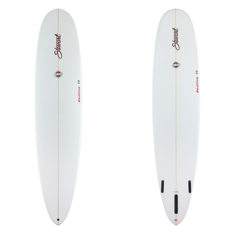 Two images of a white surfboard with red stewart surfboardsd branding