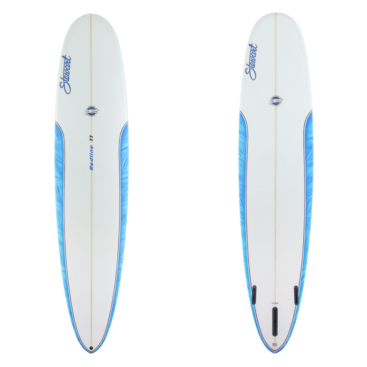 Deck and bottom view of a clear Stewart Redline 11 with blue painted rails 