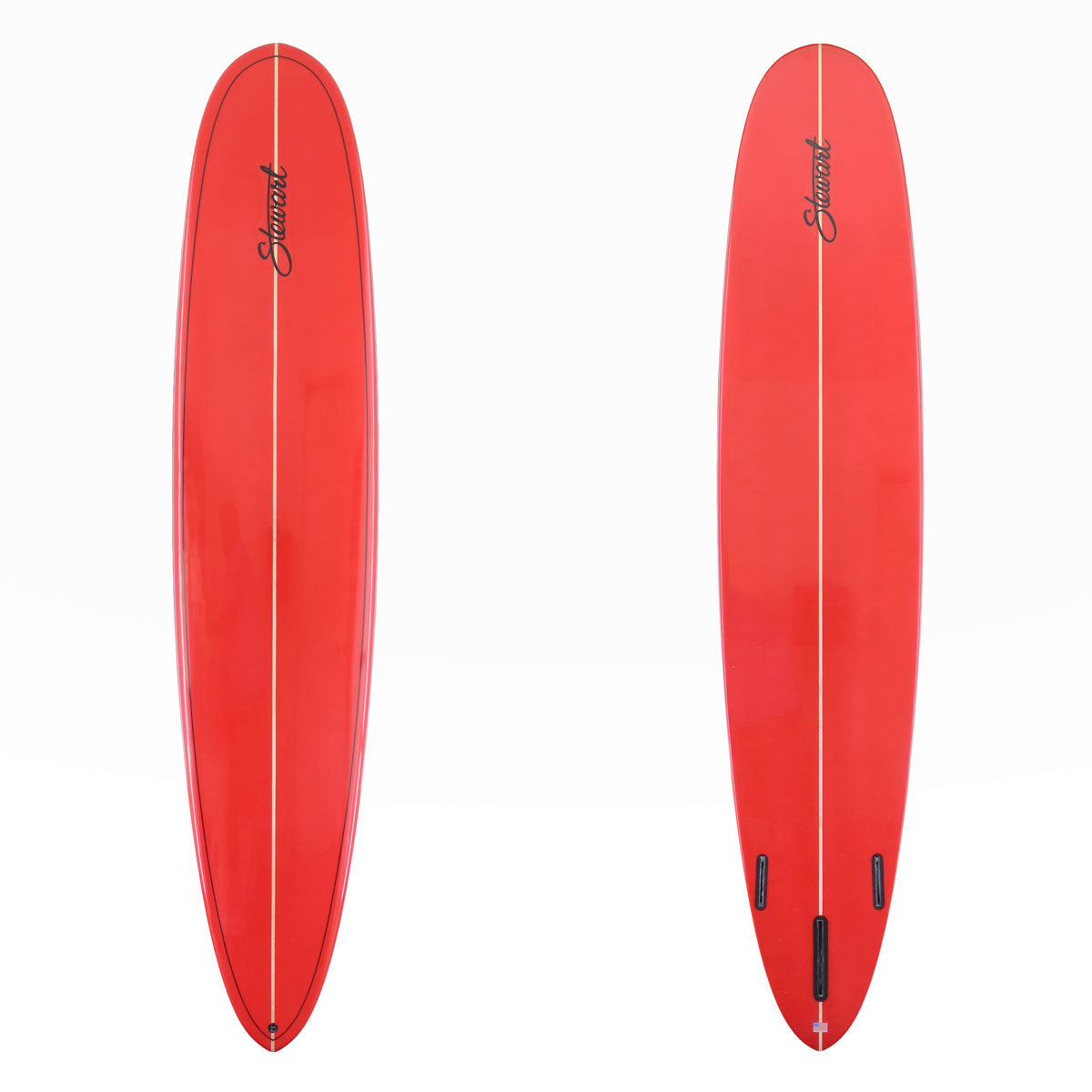 Two red surfboards shown from the top and bottom views on a plain white background, with a black script brand name near the nose and a central white line running down the boards.