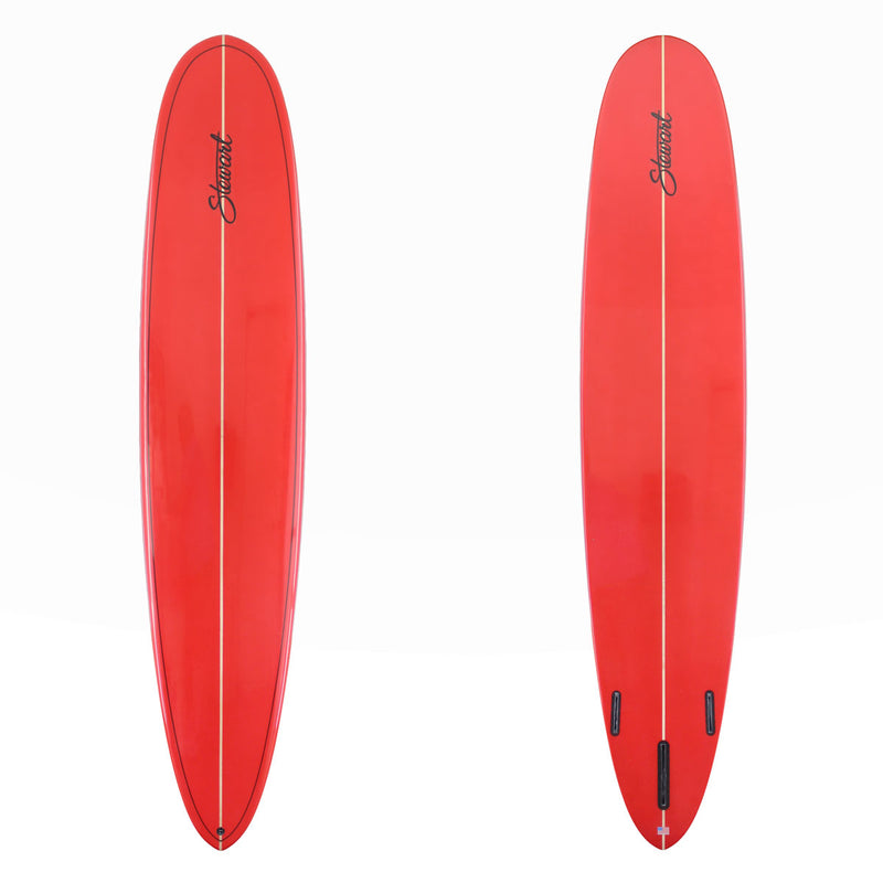 Two red surfboards shown from the top and bottom views on a plain white background, with a black script brand name near the nose and a central white line running down the boards.