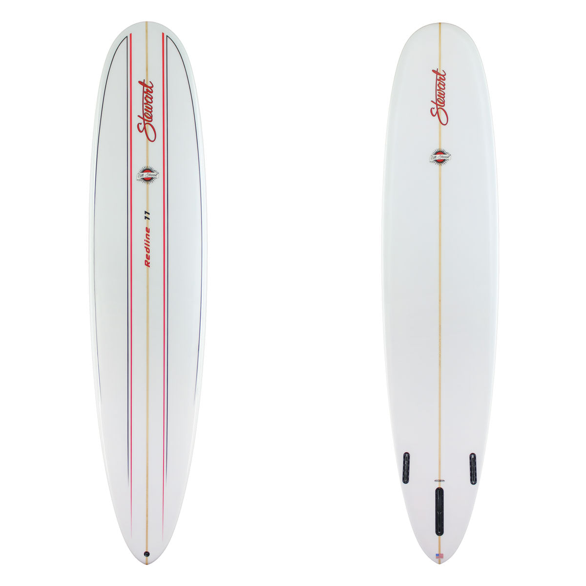 Stewart Longboard 9'0" Redline 11 (9'0", 23 3/4", 3 1/2") B#129750 Gloss & Polish Red and black deck lap lines. Clear bottom. Red Stewart Logo. Red and Black Bill Stewart Sun Logo.