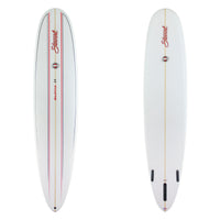 Stewart Longboard 9'0" Redline 11 (9'0", 23 3/4", 3 1/2") B#129750 Gloss & Polish Red and black deck lap lines. Clear bottom. Red Stewart Logo. Red and Black Bill Stewart Sun Logo.
