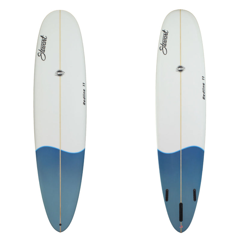 Deck and Bottom View of a Stewart Redline-11 Longboard with a blue tail dip 1/4 up the board and a sand finish 