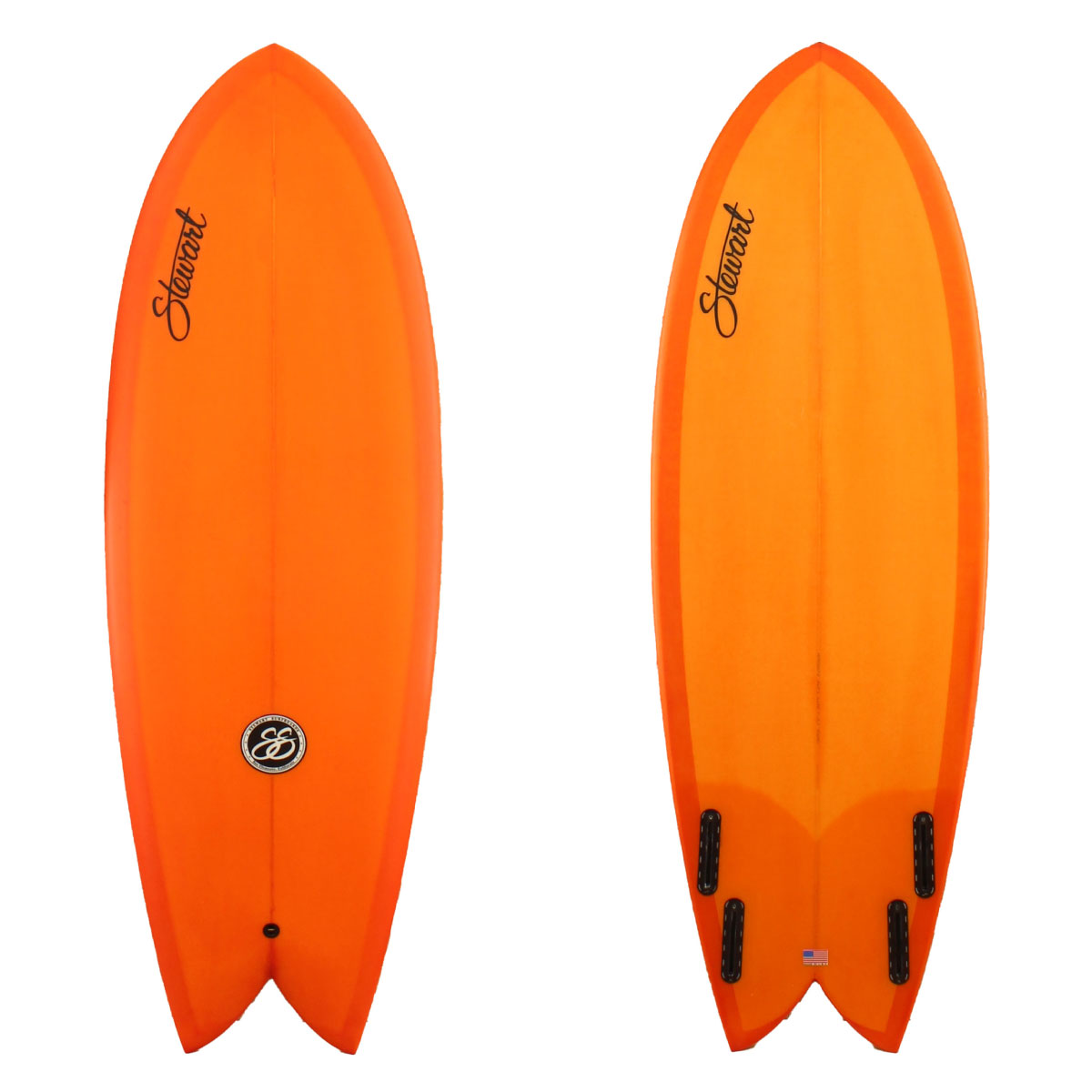 Stewart Surfboards 5'8" Retro Fish with solid orange resin tint deck and bottom
