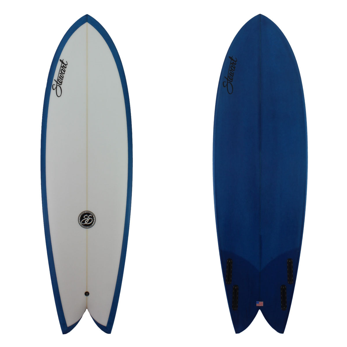 Deck and Bottom View of a Stewart Retro Fish with a dark blue resin tint on the bottom and a sand finish 