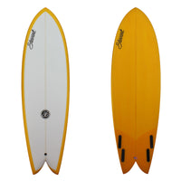 Deck and Bottom view of a Stewart Retro Fish with a yellow resin tint on the bottom of the board and a white deck with a sand finish