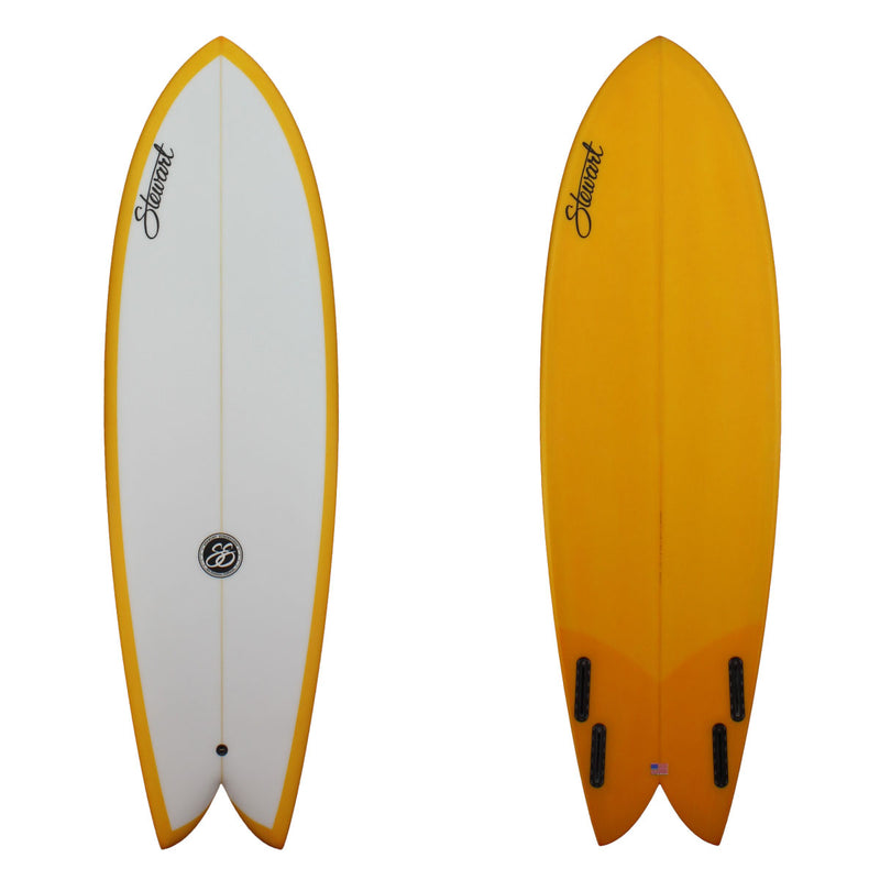 Deck and Bottom view of a Stewart Retro Fish with a yellow resin tint on the bottom of the board and a white deck with a sand finish 