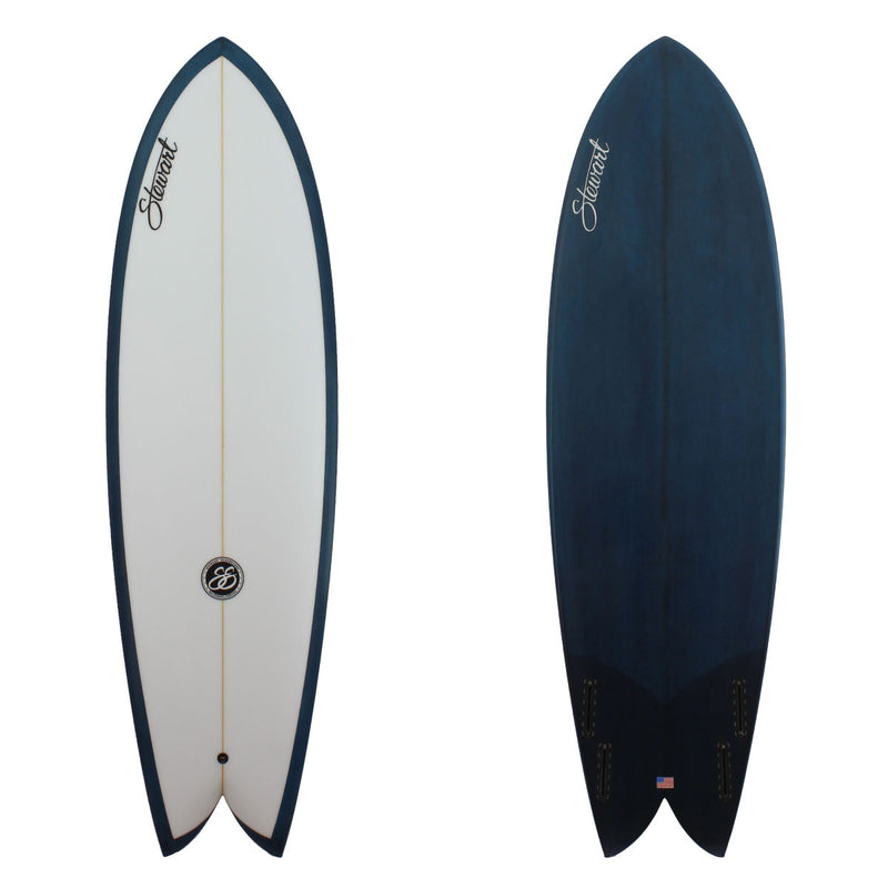 Deck and Bottom view of a Stewart Retro Fish with a dark navy resin tint on the bottom and a white deck with a sand finish