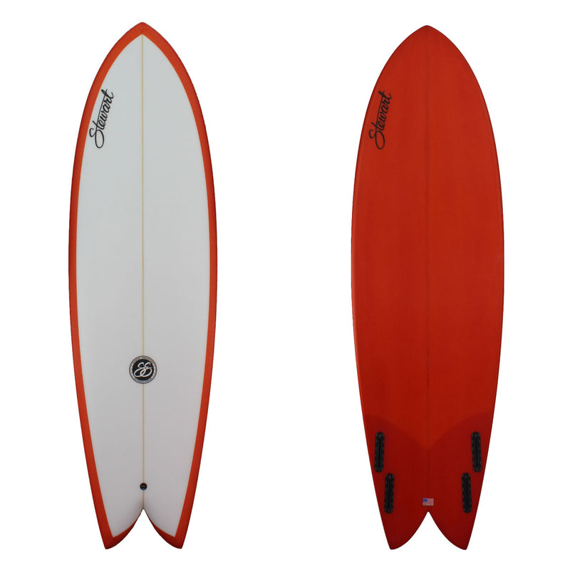 Deck and Bottom view of a Stewart Retro Fish with an orange resin tint on the bottom and a white deck with a sand finish 