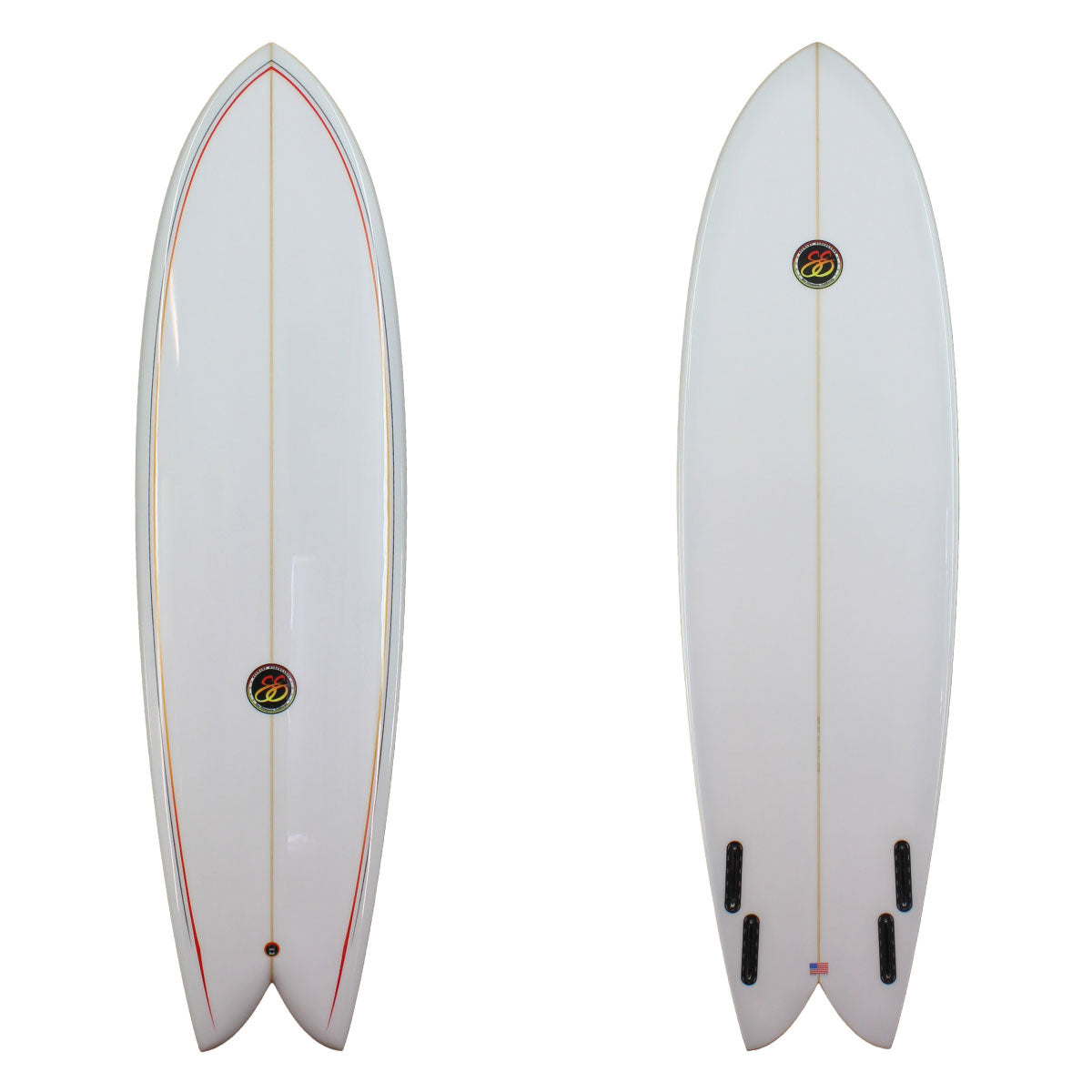 Deck and Bottom View of a stewart Retro fish with a red fading to orange fading to red pinline with a black pinline around that gloss and polish finish 