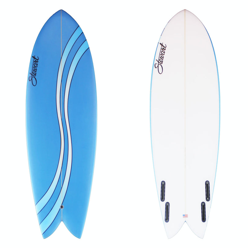 Stewart Fish 5'6" Retro Fish (5'6", 20 3/4", 2 5/8") B#128788 with a blue deck and a light blue swish though the middle 