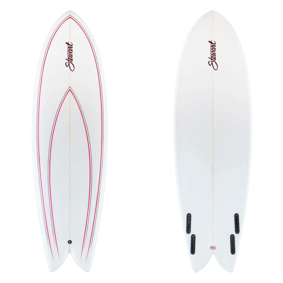 Stewart Fish 6'4" Retro Fish (6'4", 21 7/8, 2 7/8) B#129140 Gloss & Polish with red and black pin lines on the deck