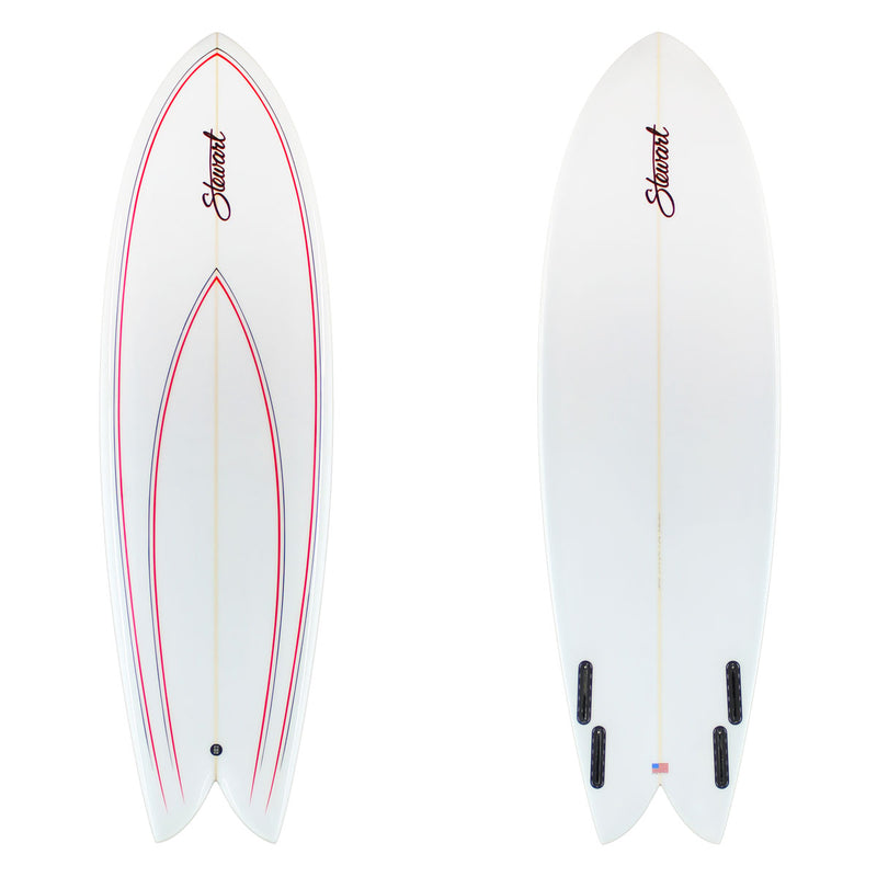 Stewart Fish 6'4" Retro Fish (6'4", 21 7/8, 2 7/8) B#129140 Gloss & Polish with red and black pin lines on the deck