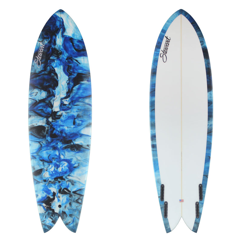 Stewart Fish 6'4" Retro Fish (6'4", 21 7/8, 2 7/8) B#129141 with blue black and white resign swirl on the deck and rails.