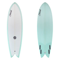 Two surfboards, one white and one light blue, with branding on a white background