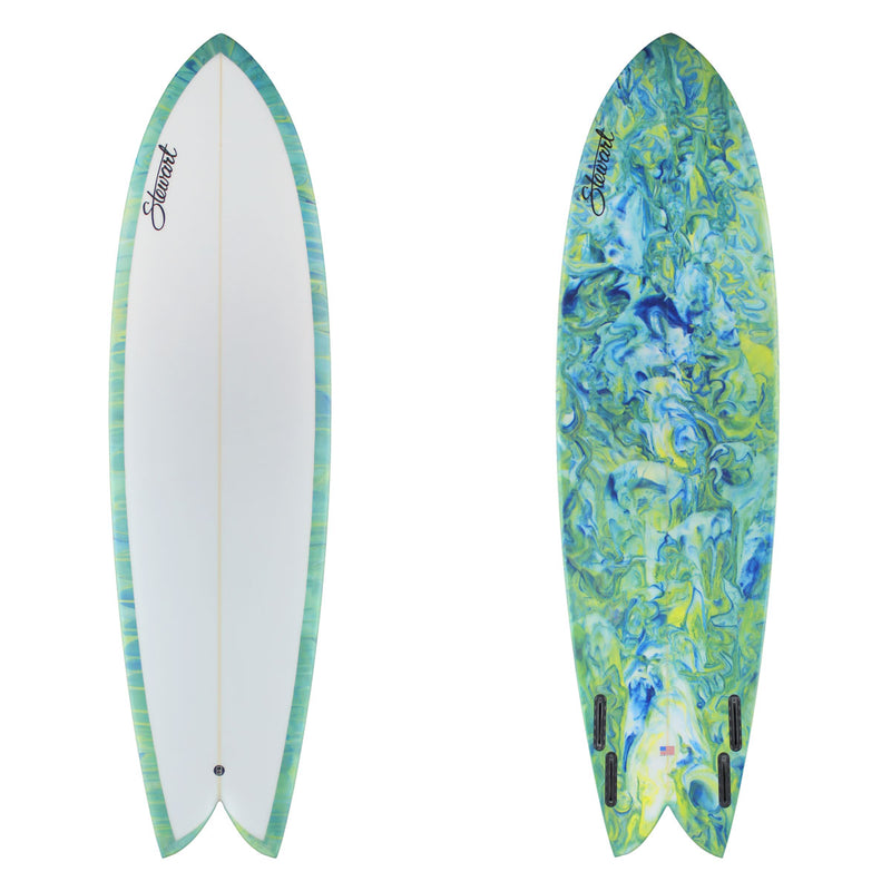 two surfboard images. one with yellow and blue abstract rail and bllack branding. the bottom has bue yellow and green abstract with black branding