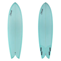 Two turquoise surfboards with a brand logo on a white background