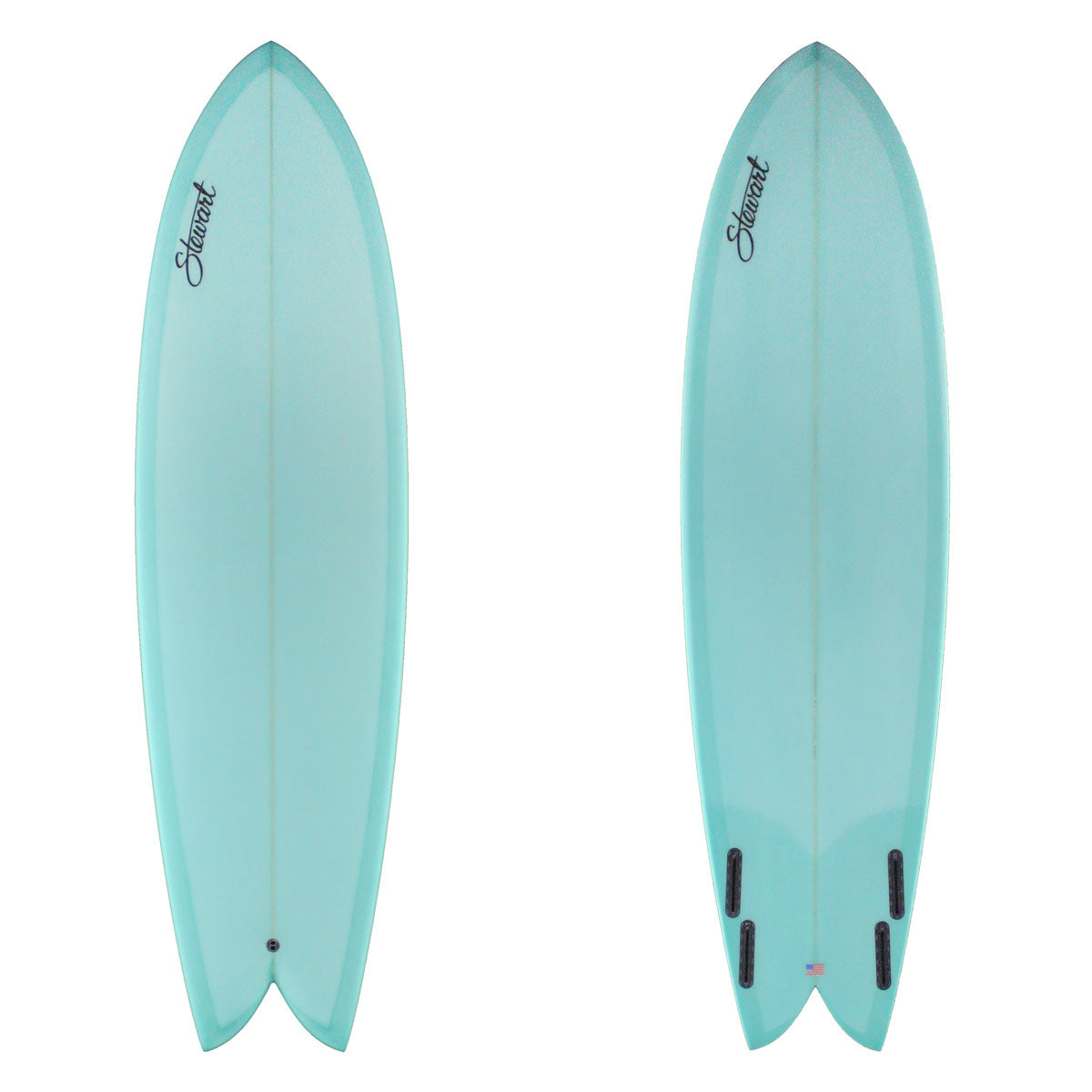 Two turquoise surfboards with a brand logo on a white background