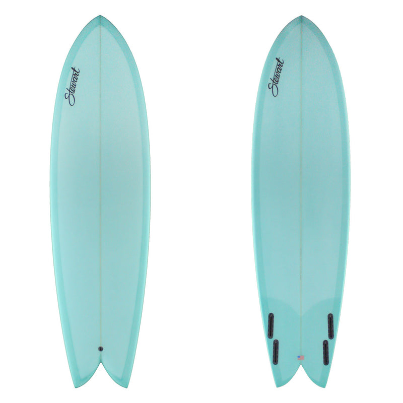 Two turquoise surfboards with a brand logo on a white background