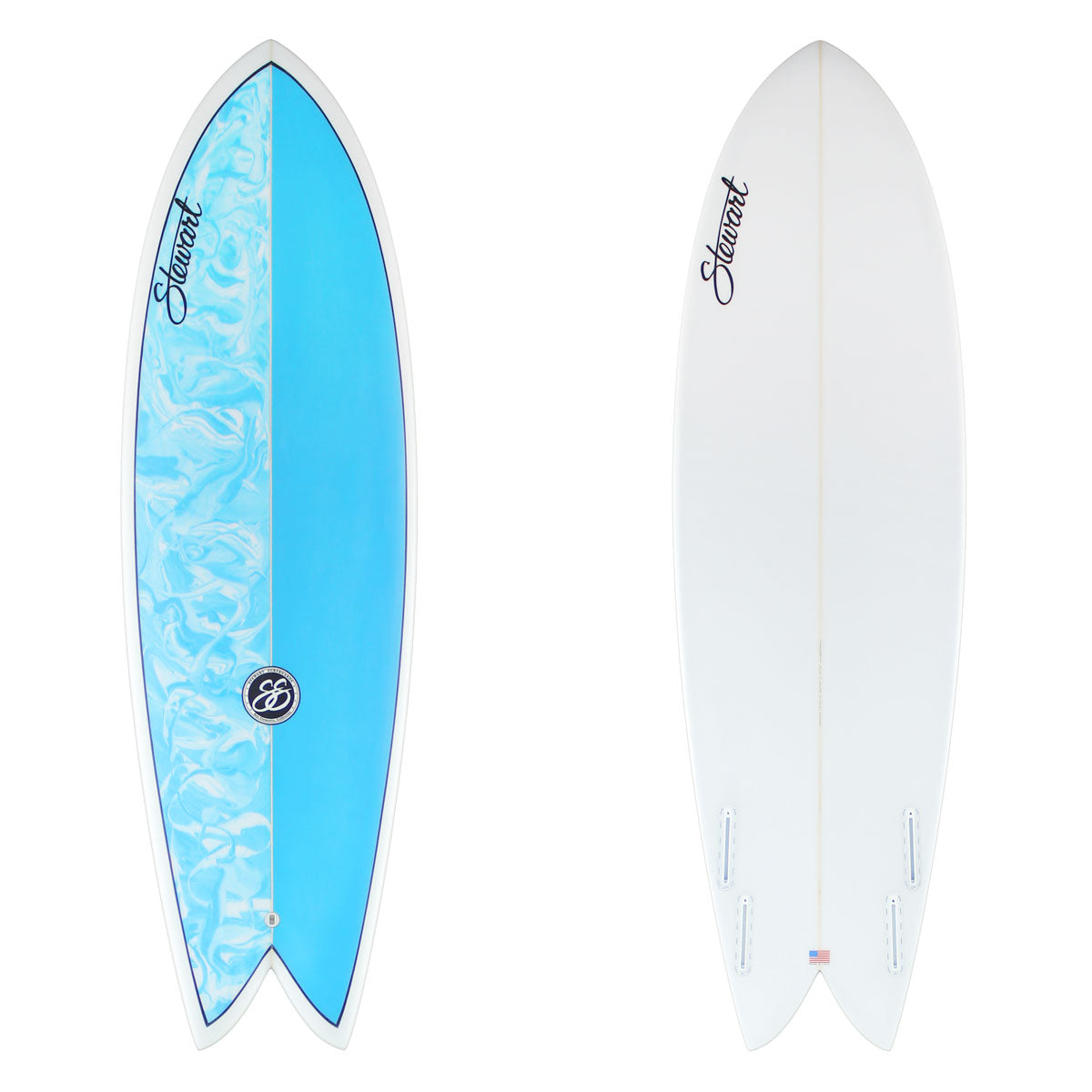 two surfboards images one white and one with a solid blue panel and blue white swirl. theres is black branding