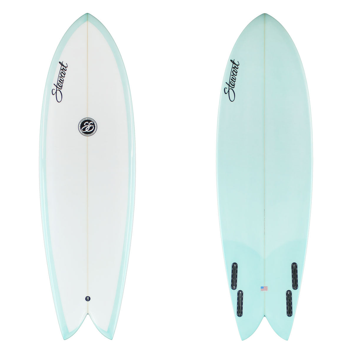Stewart Fish 5'10" Retro Fish (5'10", 20 7/8", 2 3/4") B#129744 Gloss & Polish with a sea foam green resin tint on the bottom and rails