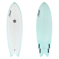Stewart Fish 5'10" Retro Fish (5'10", 20 7/8", 2 3/4") B#129744 Gloss & Polish with a sea foam green resin tint on the bottom and rails