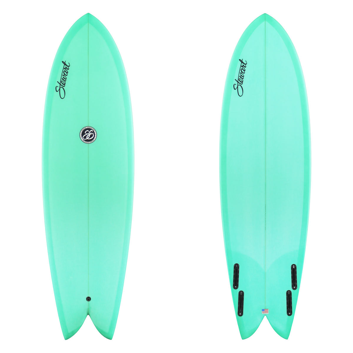 two images of a light blue surfboard with black branding