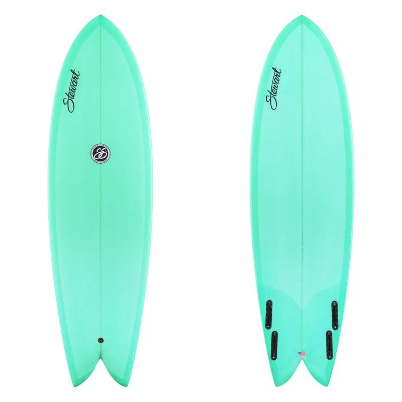 two images of a light blue surfboard with black branding