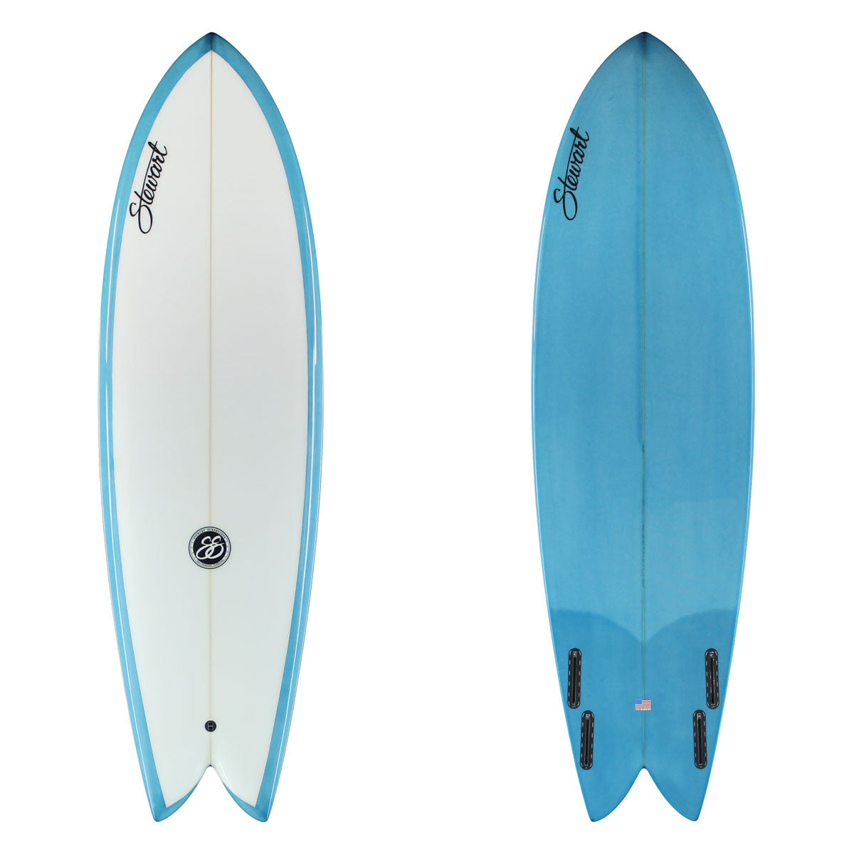 Stewart Fish 6'4" Retro Fish (6'4", 21 7/8, 2 7/8) B#129746 Bottom Deck blue resin tint with wrap around rails, clear deck with black logos, Gloss & Polish